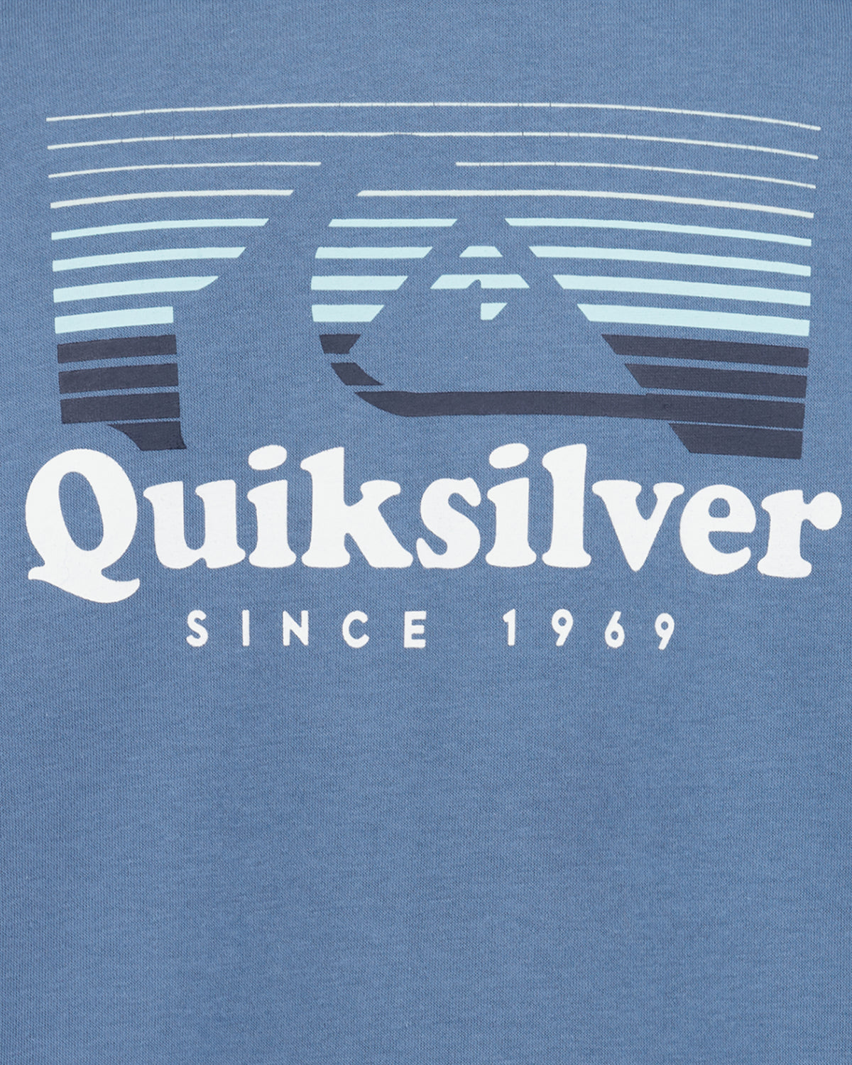 Blue t-shirt with Quiksilver logo and text on a blue background