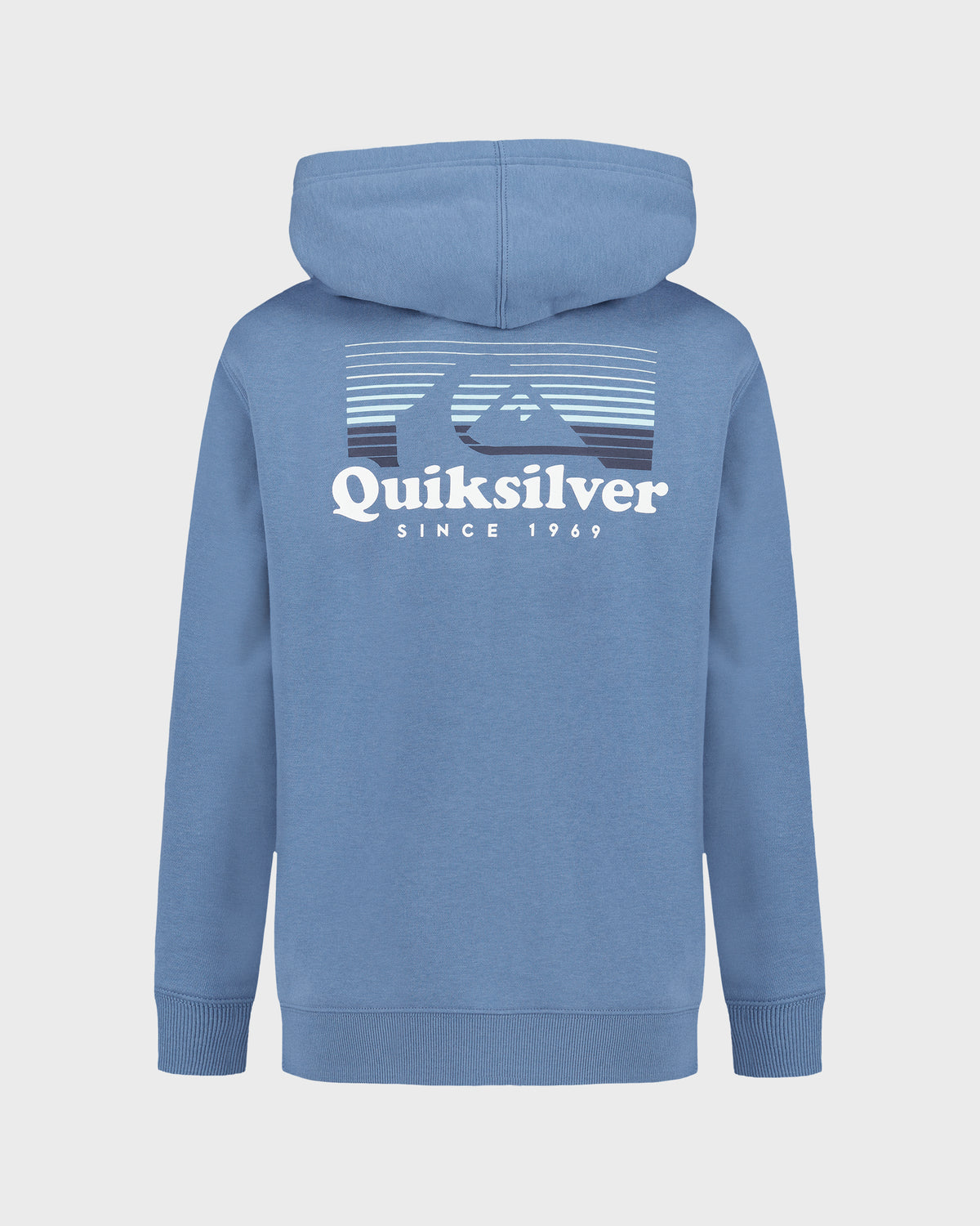 Blue hoodie with Quiksilver logo on the back against a light gray background