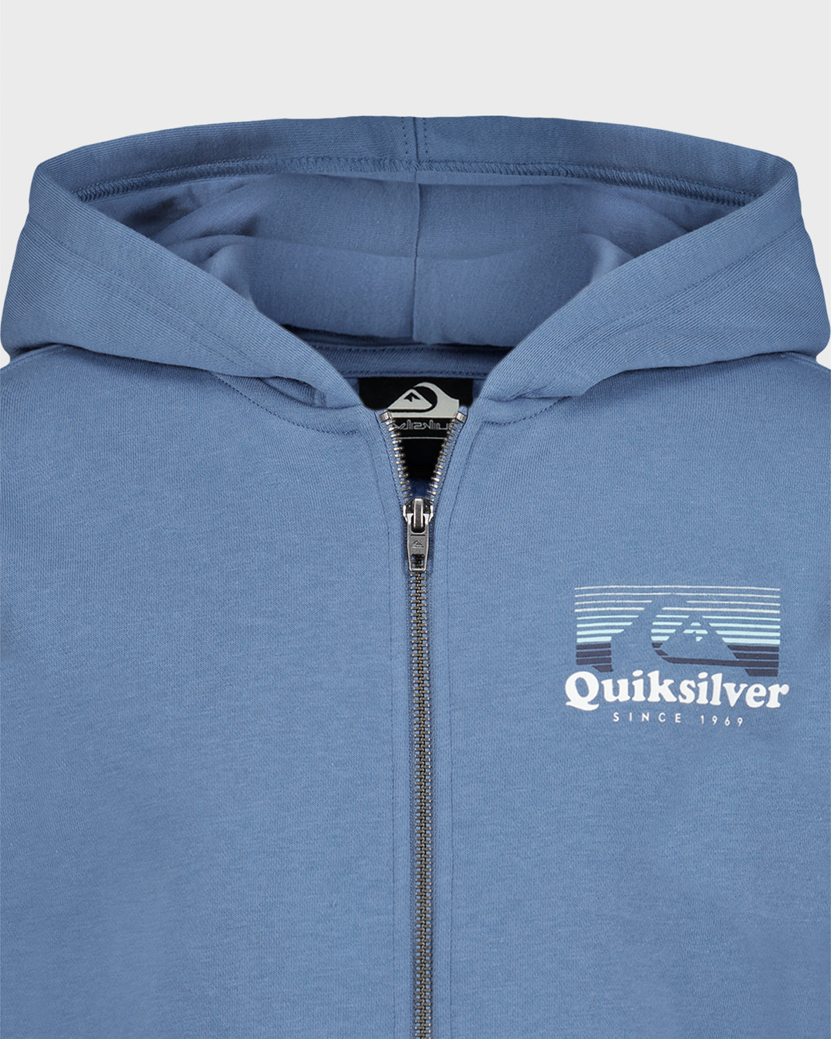 Blue hoodie with Quiksilver logo on a white background