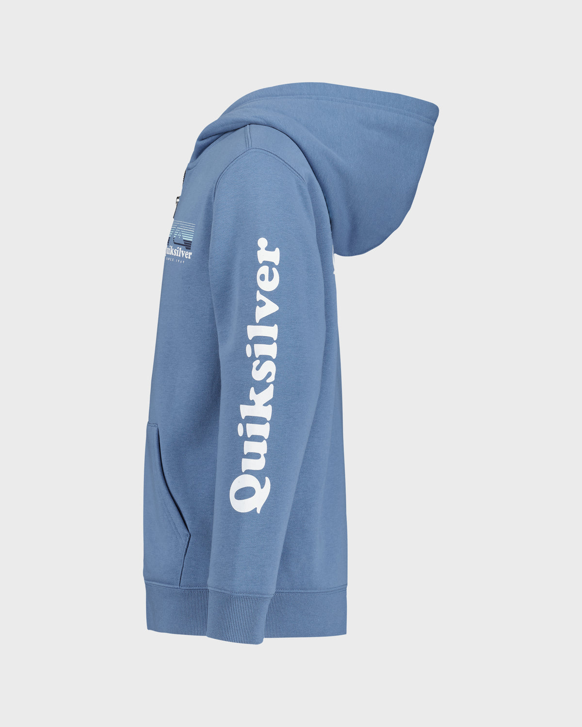 Blue hoodie with Quiksilver logo on a white background