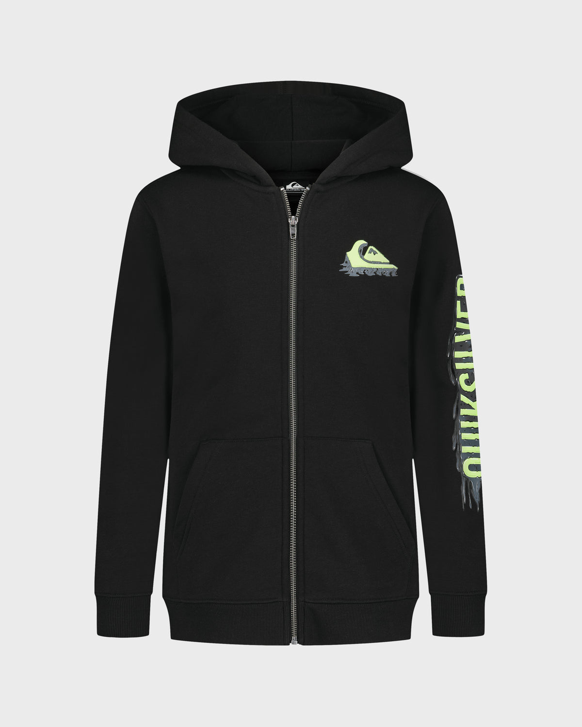 Black hoodie with a logo and text on a white background