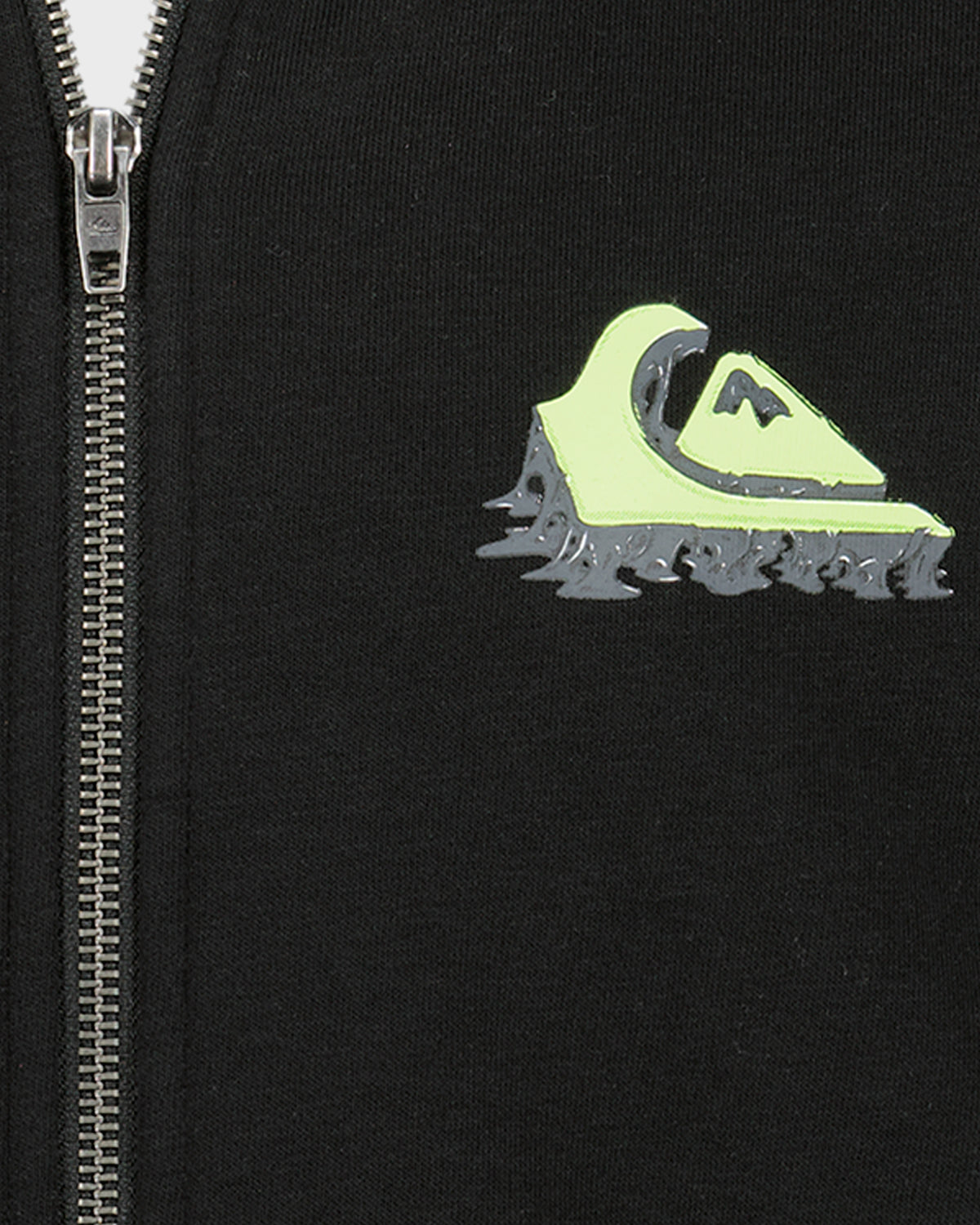 Black jacket with a green and gray logo on the chest