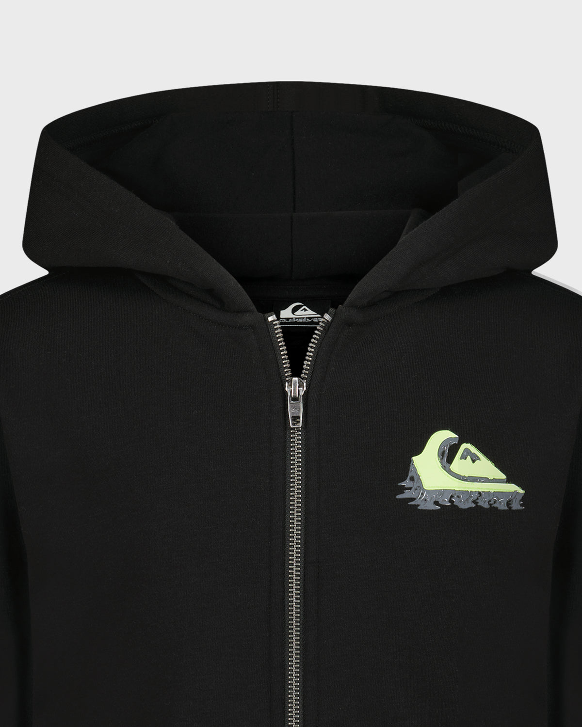 Black hoodie with a green logo on a white background