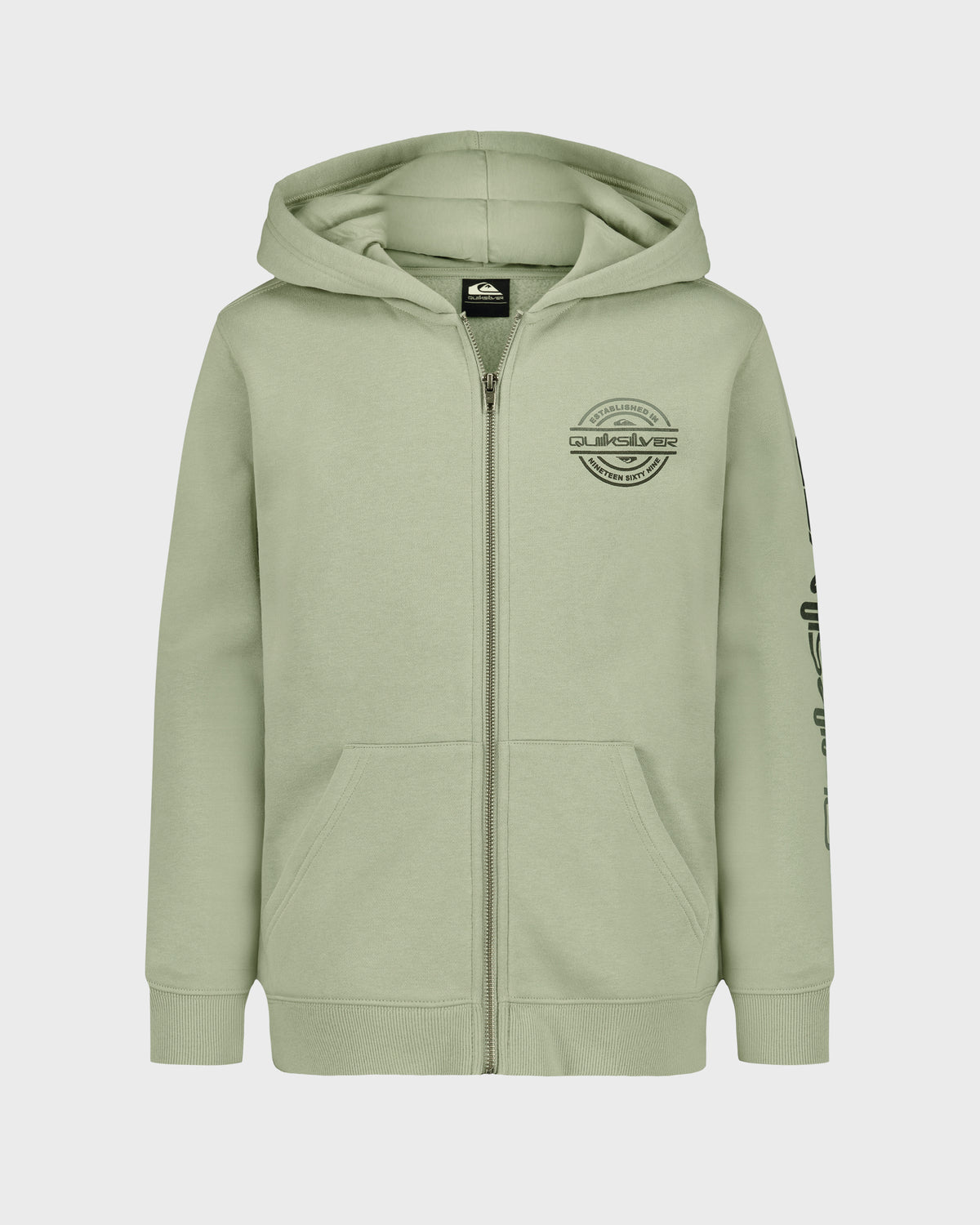 Green hoodie with a logo on a light gray background