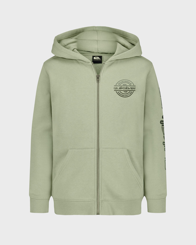 Green hoodie with a logo on a light gray background