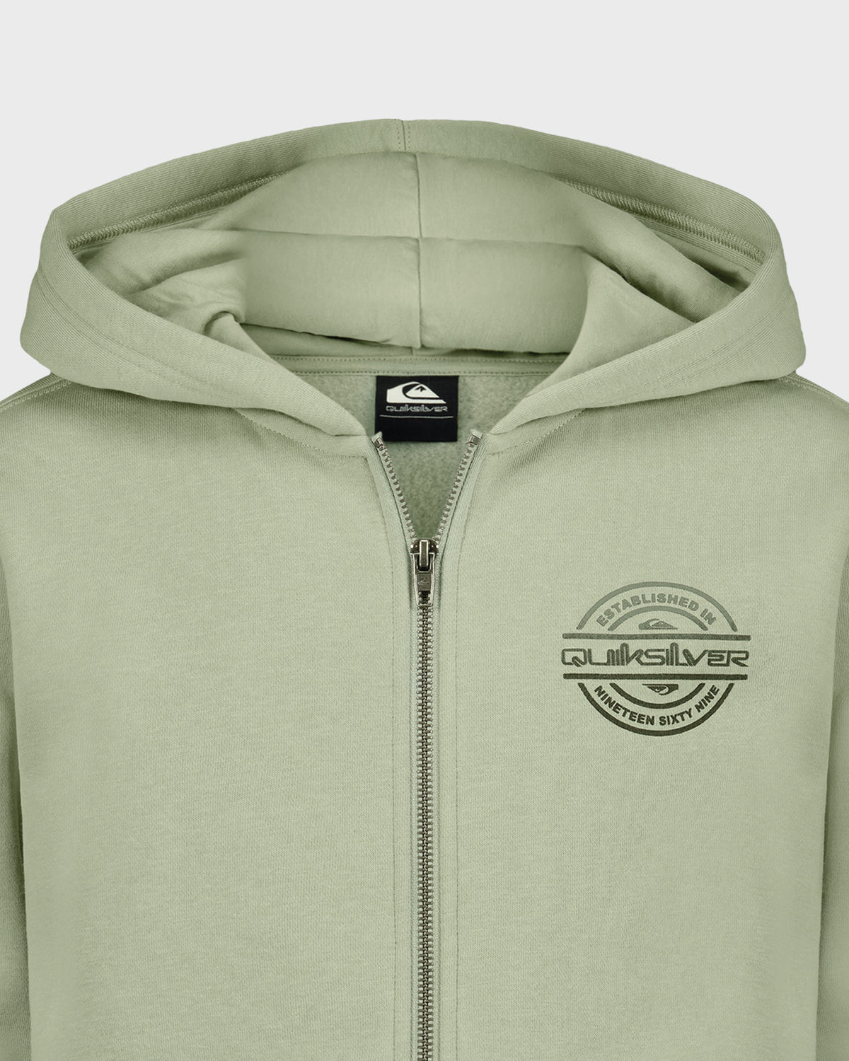 Green hoodie with Quiksilver logo on a white background