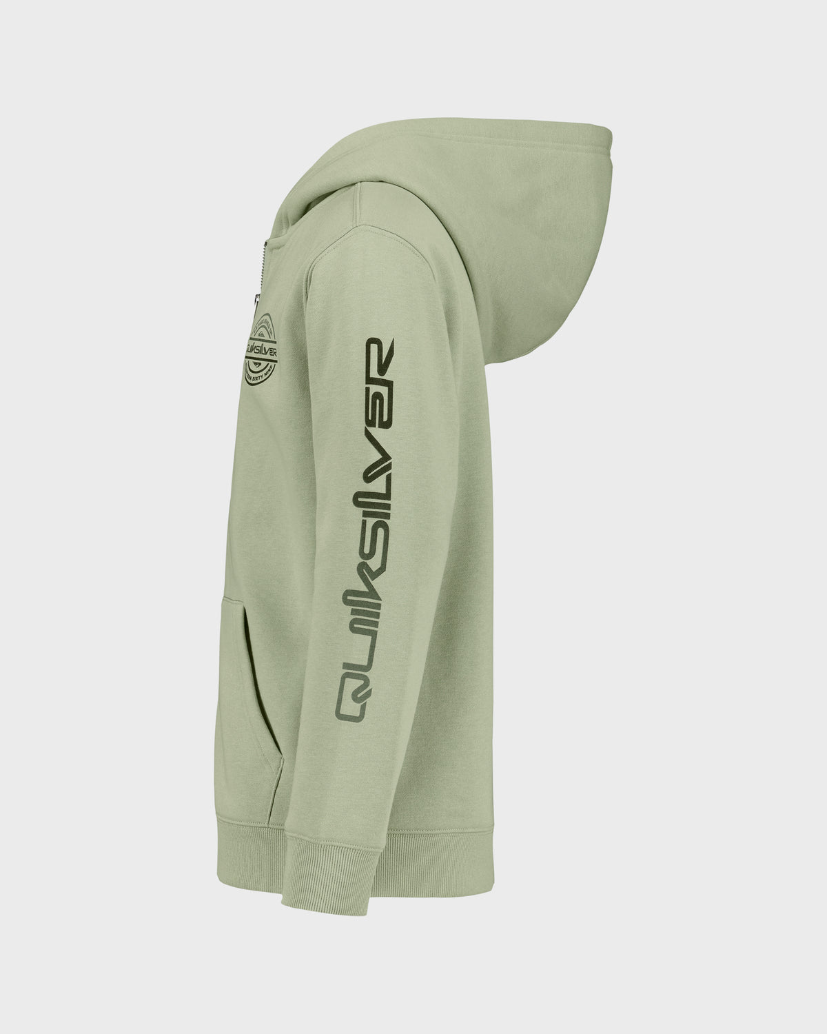 Green hoodie with 'Quiksilver' branding on a white background