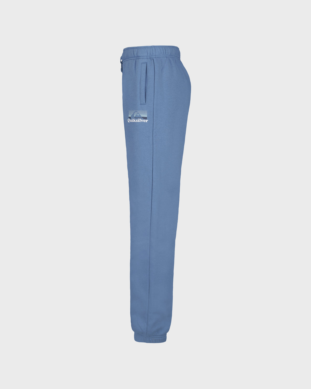 Blue sweatpants with a brand logo on a light gray background