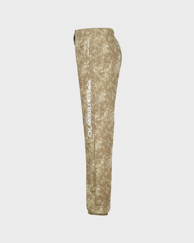 Camouflage pants with a brand logo on a light gray background
