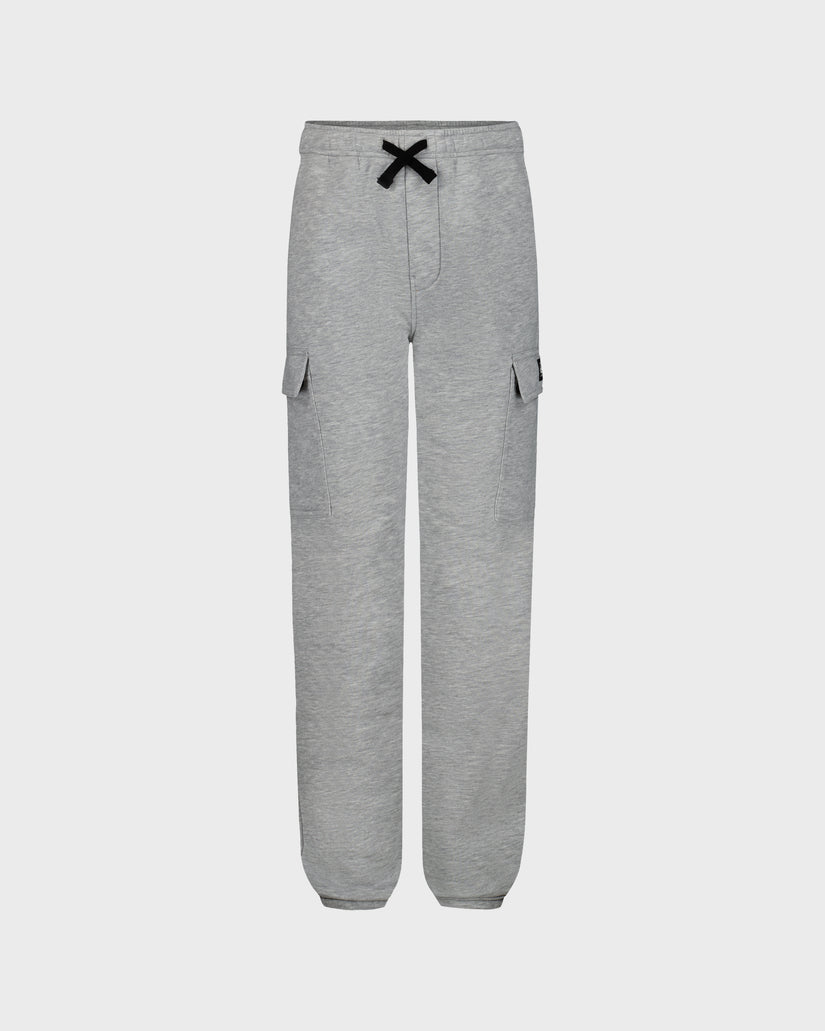 Gray cargo pants with black drawstring on a white background