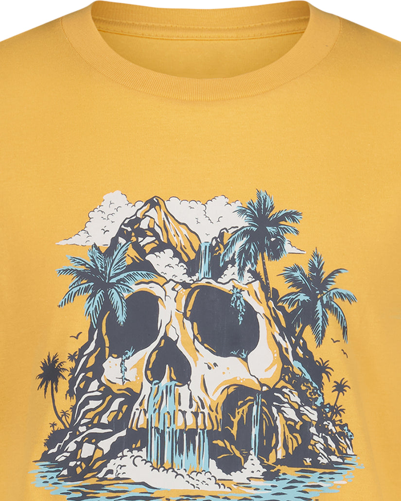 Yellow t-shirt with a skull and palm tree design on a plain background