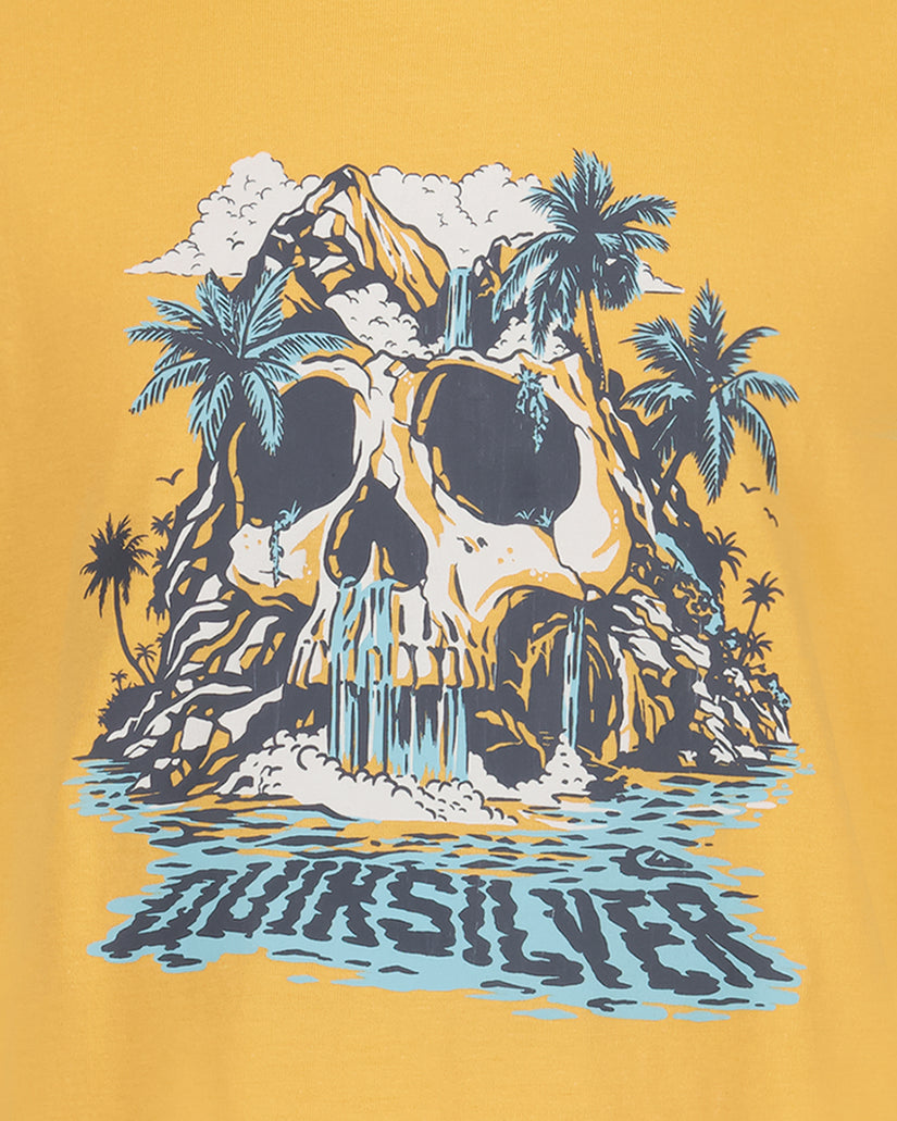 T-shirt design with a skull, palm trees, and waterfall on a yellow background, featuring the Quiksilver brand.