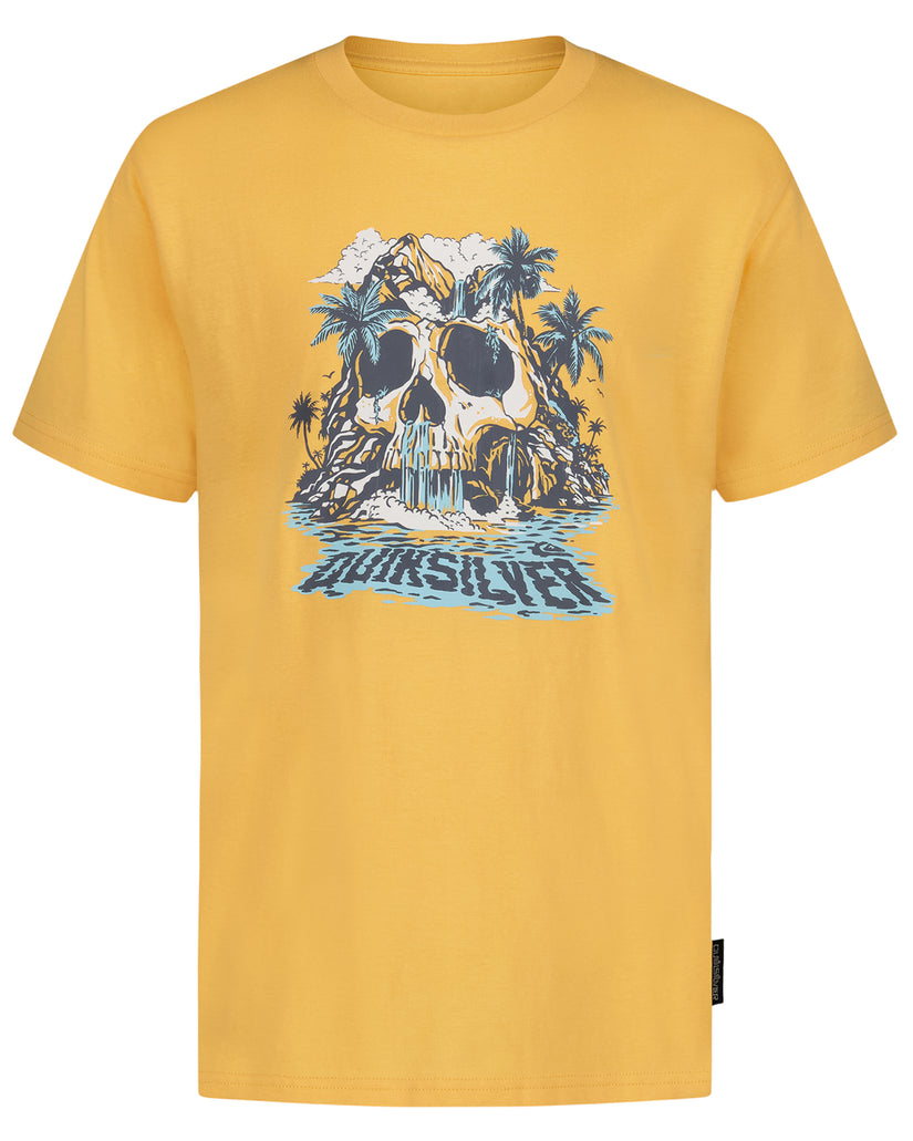 Yellow t-shirt with a skull and palm tree design on a white background