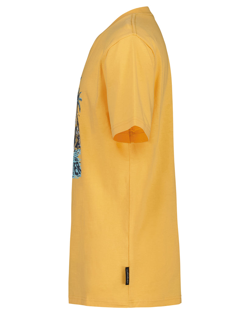 Yellow t-shirt with a graphic design on the sleeve against a white background
