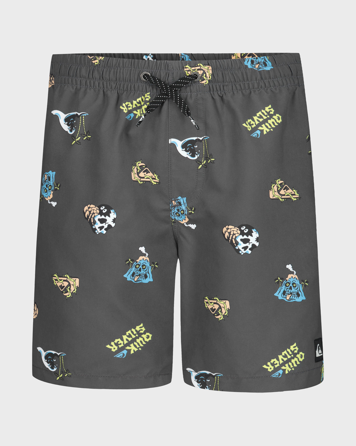 Gray shorts with colorful graphic designs on a white background