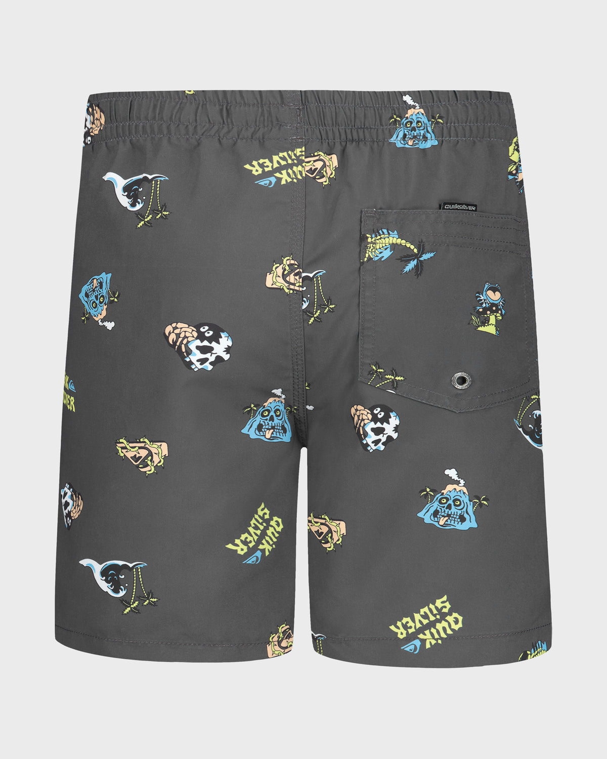 Dark gray shorts with colorful graphic designs on a white background