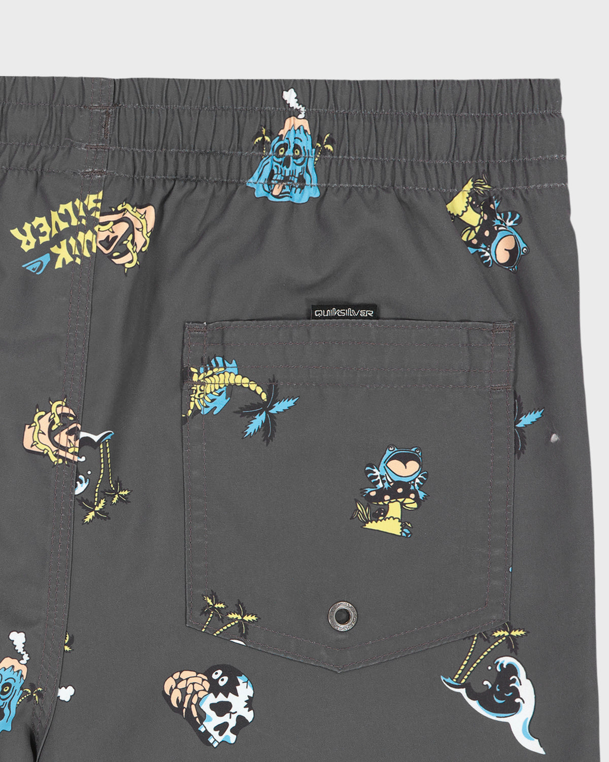 Dark gray shorts with colorful embroidered designs on a white background