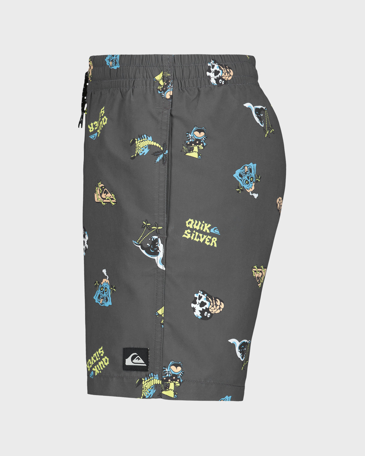 Gray shorts with colorful patterns and Quiksilver logo on a light gray background