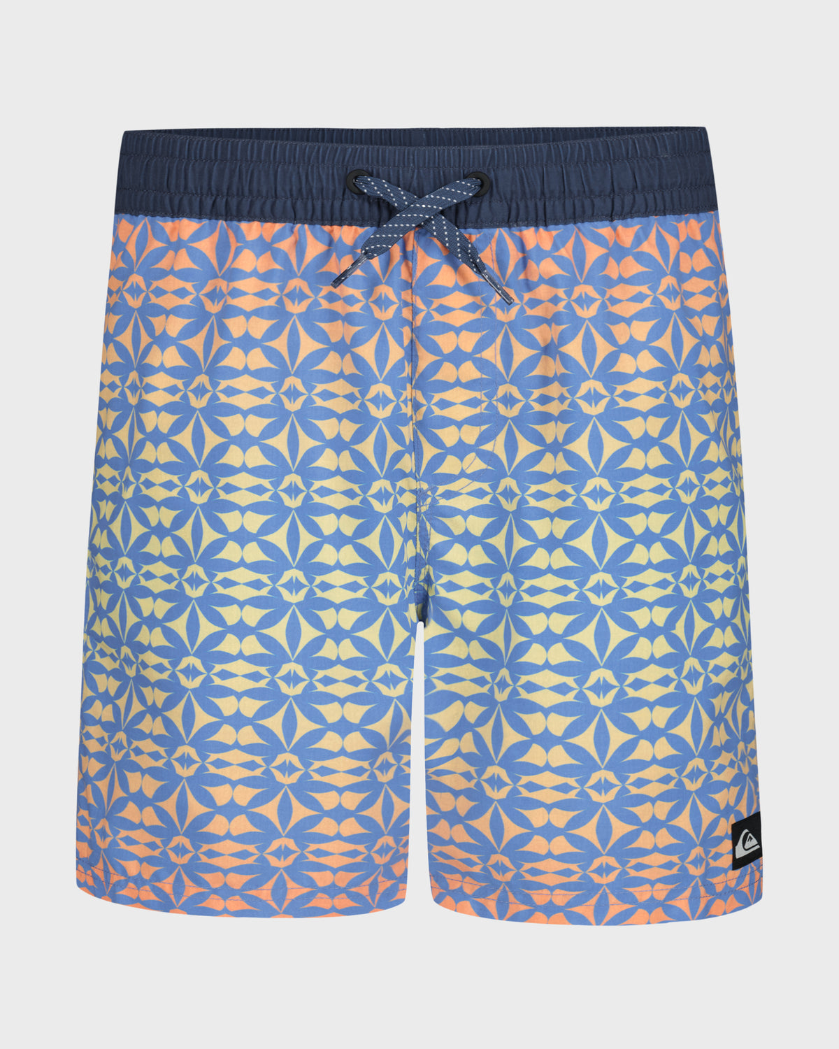 Patterned shorts with a blue and orange design on a white background