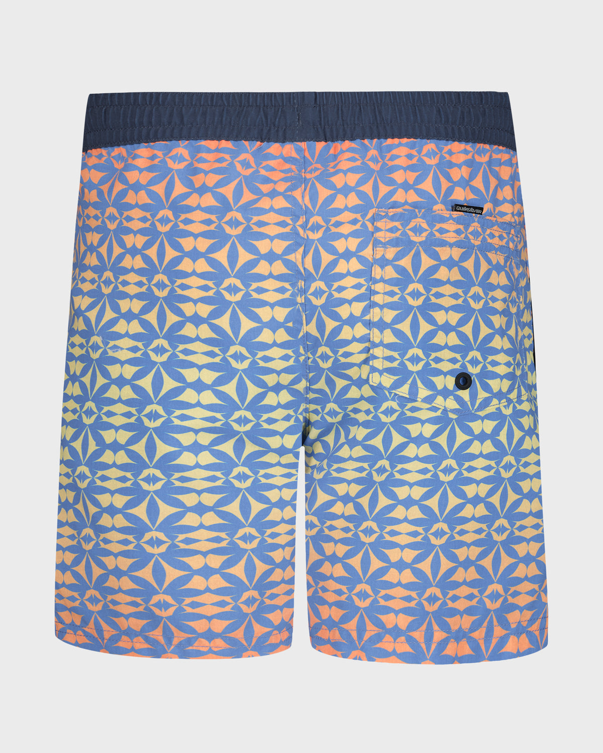 Blue swim shorts with orange and yellow geometric pattern on a white background
