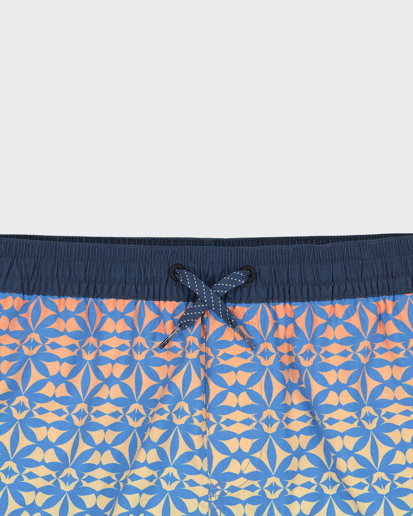 Blue and orange patterned swim shorts with a drawstring on a white background