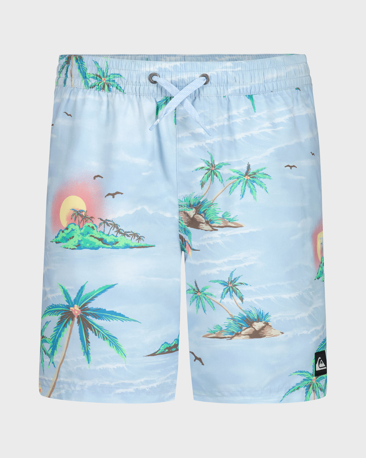 Beach-themed shorts with palm trees and sun design on a light blue background