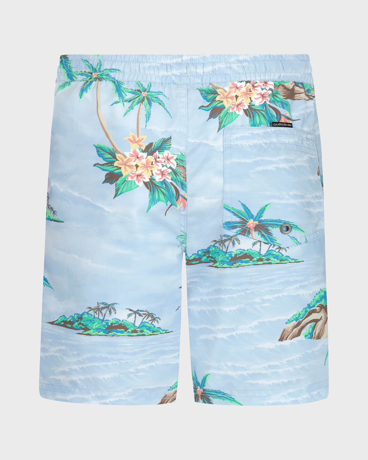 Blue shorts with tropical island and dragonfly pattern on a white background