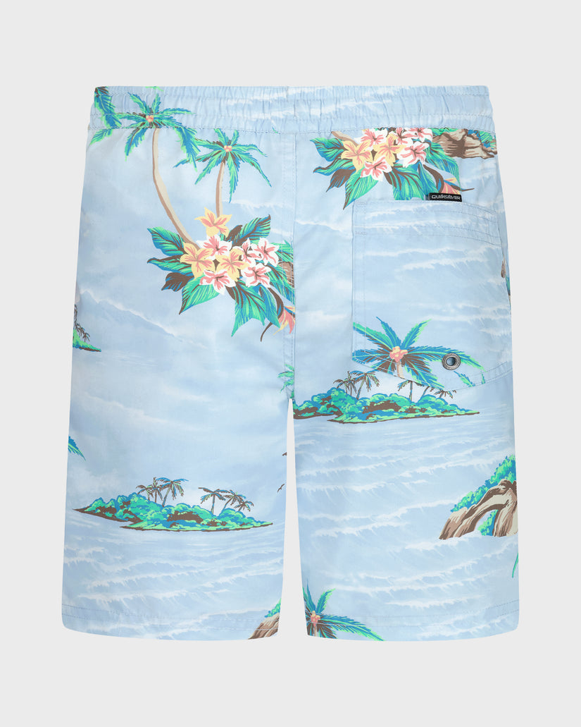 Blue shorts with tropical island and dragonfly pattern on a white background