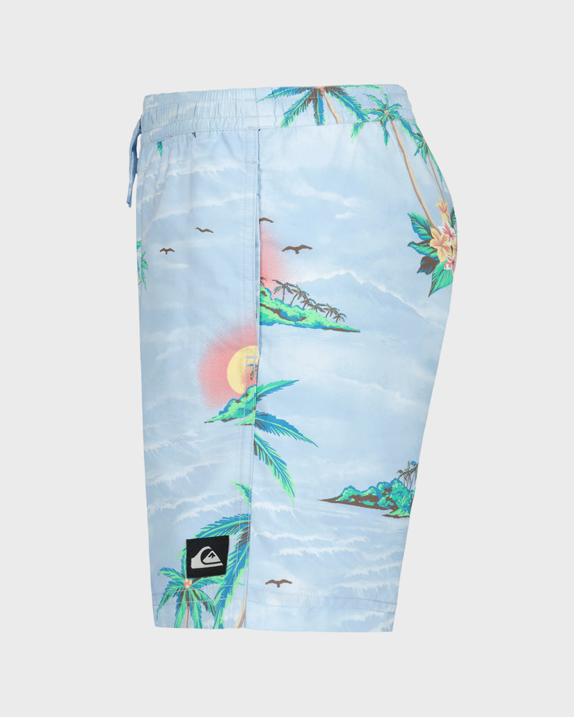 Board shorts with a tropical design featuring palm trees and birds on a light blue background.