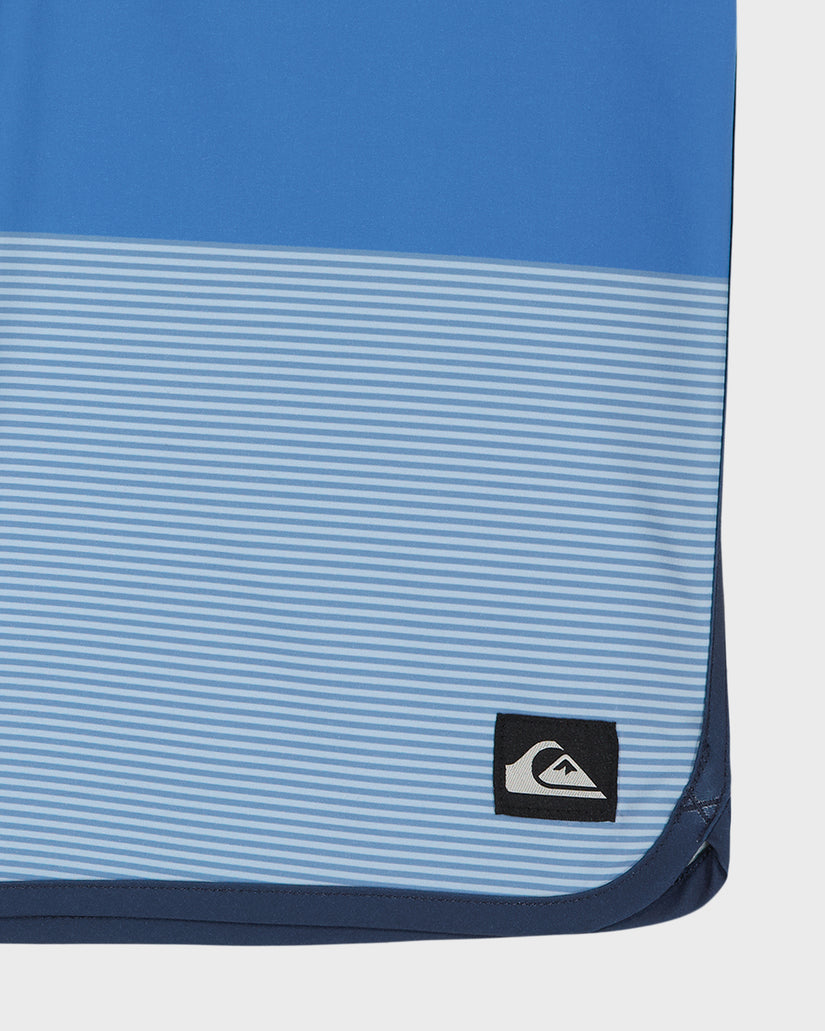 Blue and light blue striped bag with a logo on a white background