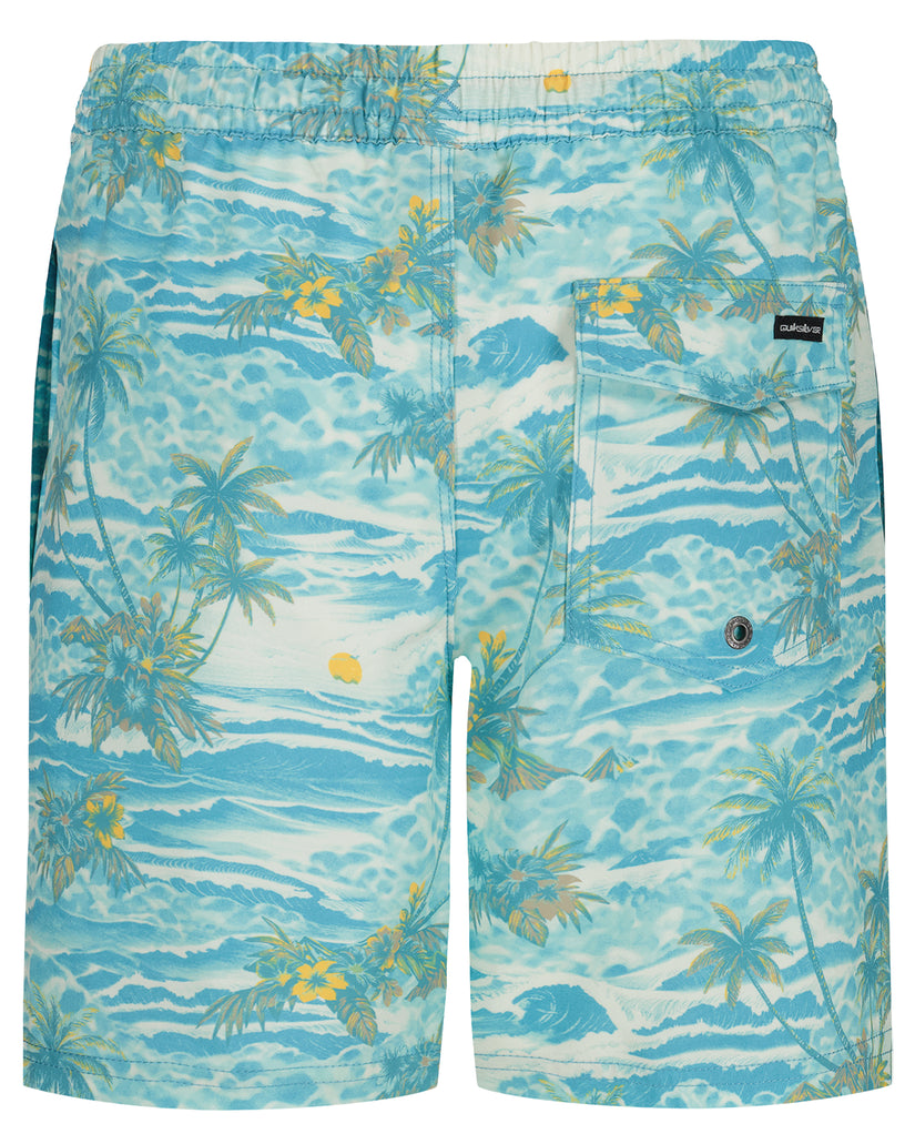 Blue tropical patterned shorts with a brand label on a white background
