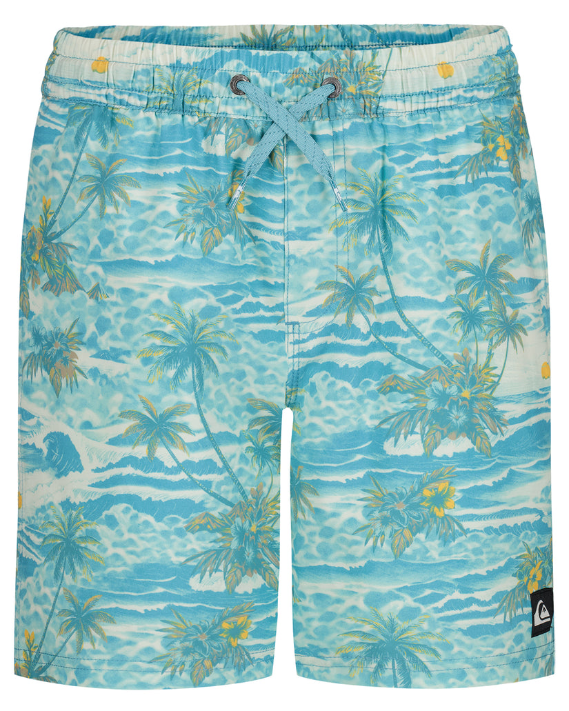 Tropical patterned shorts with palm trees and waves on a blue background