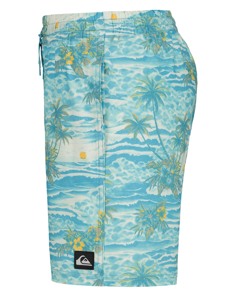 Blue tropical patterned shorts with a brand logo on a white background